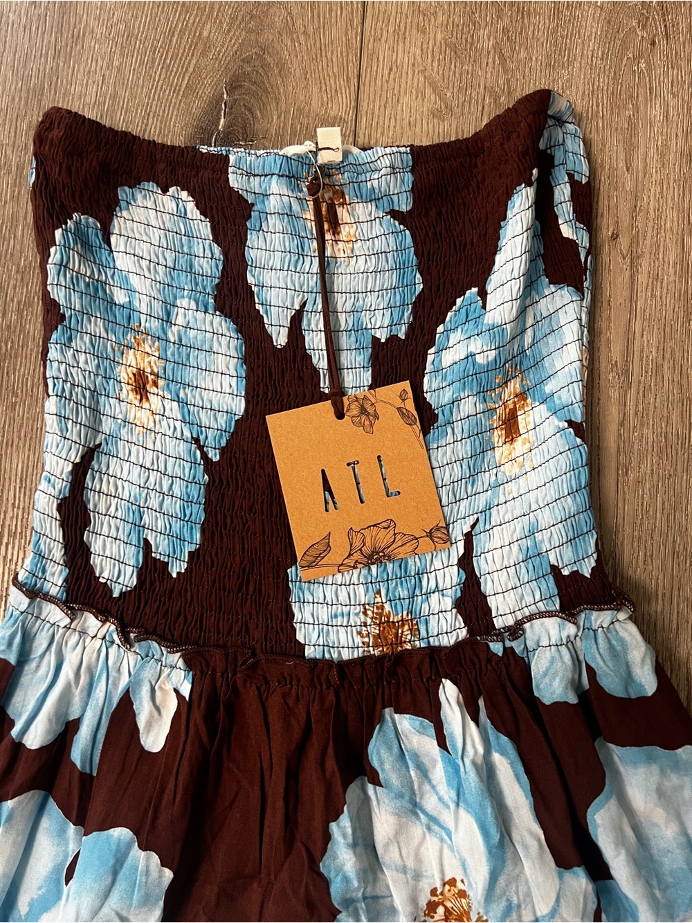Abel the Label x Anthropologie Chocolate Brown Maxi Dress with Blue Floral Print - Picture 2 of 5